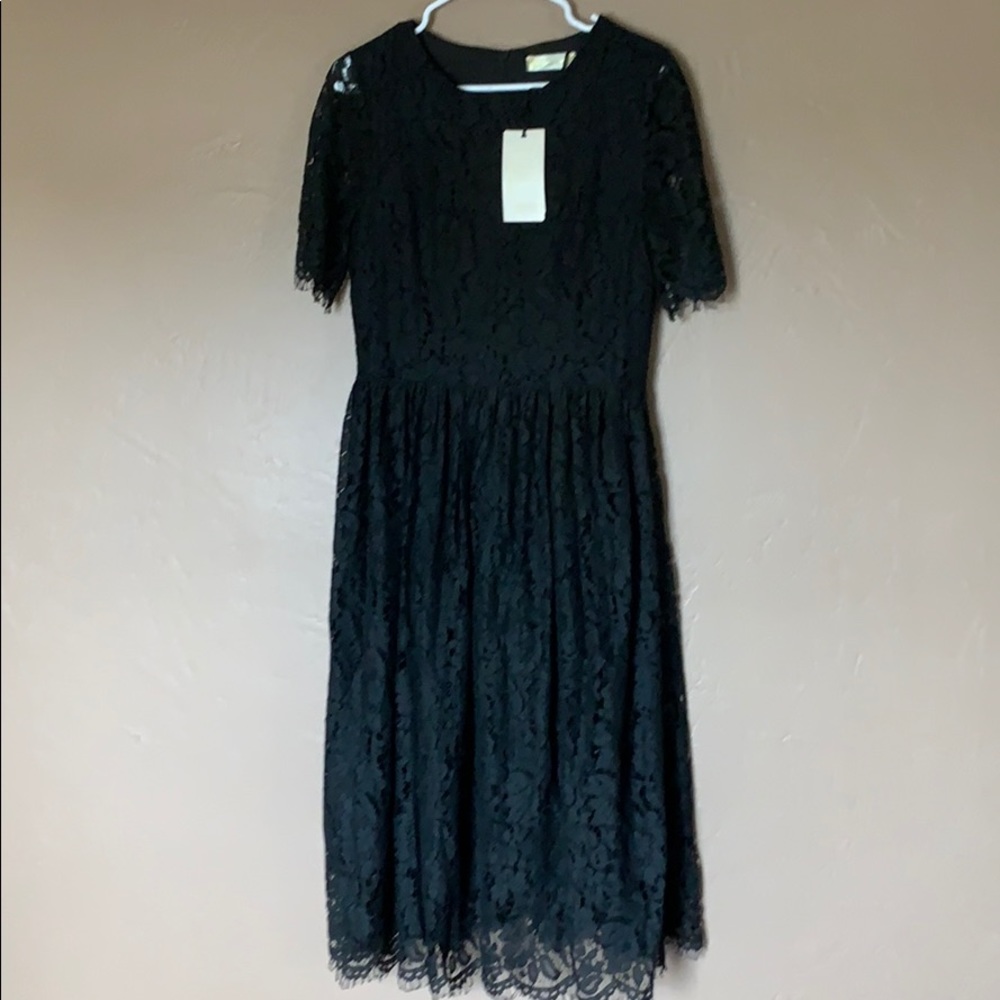Black lace dress with belt and full skirt, NWT